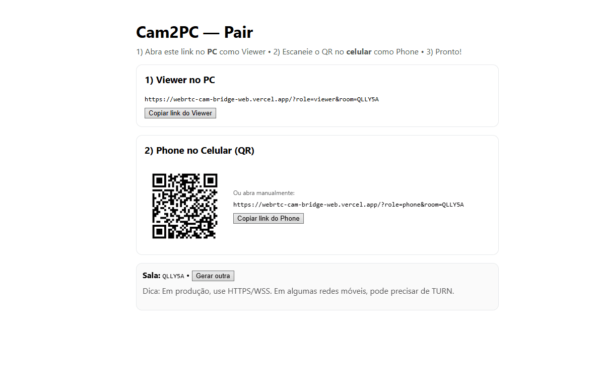 WebRTC Cam Bridge — usar a câmera do celular no PC